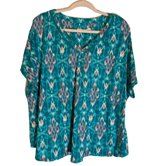 Carole Hochman Green & Pink Ikat Print V-Neck Short Sleeve Top 1X - Picture 1 of 11